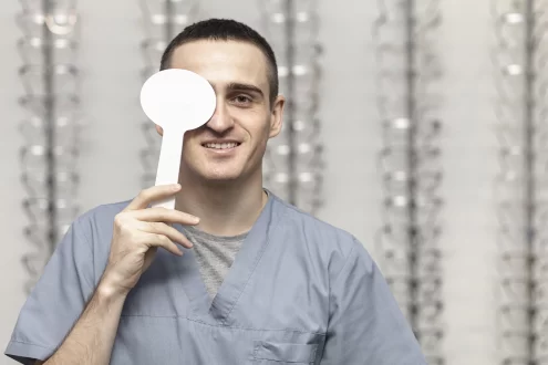 Homem realizando teste de visão ocular